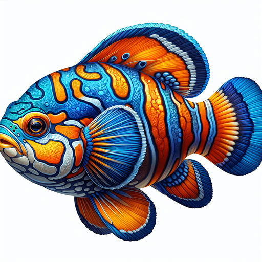 A realistic mandarinfish.
Single Game Texture. In-Game asset. 2d. Blank background. High contrast. No shadows.