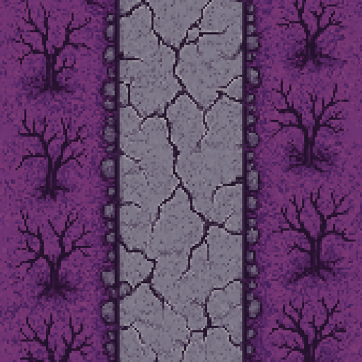 Overhead view of a section of road for an endless vertical shooter. Battle scarred and pitted. High res. degraded biome, dried dead trees and a gray stone pathway
Single Game Texture. In-game asset. 2d. Blank background. High contrast. No shadows. pixel art. purple biom
In-Game asset.  2d.  High contrast.  No shadows, high texture