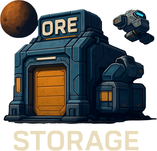 Uzay temalı global Cevher deposu, uzay kargosu, gerçekçi, Altında "Storage" yazsın.
In-Game asset.  High contrast.  No shadows