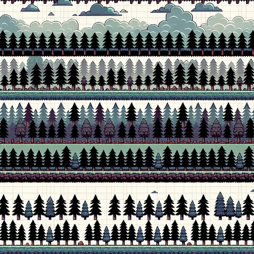 A repeating background tree layer for an endless runner.
Single Game Texture. In-Game asset. 2d. Blank background. High contrast. No shadows.