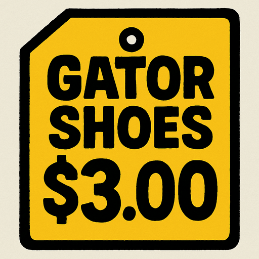 Price tag that says Gator shoes $3.00.
In-Game asset.  2d.  High contrast.  No shadows