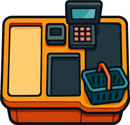 Üzerinde meyve, sebze gibi ürün bulundurmayan; market kasa bankosu. Üstten görünüm..
In-Game asset.  2d.  High contrast.  No shadows