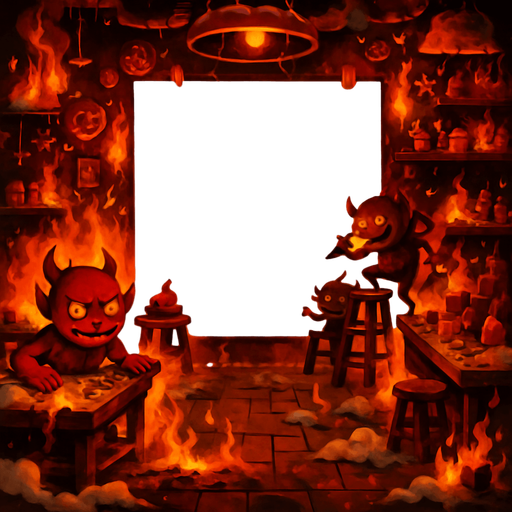 change santas to little devils and make everything chaotic and flames and snows. a whiteboard in the middle of the image as it is now