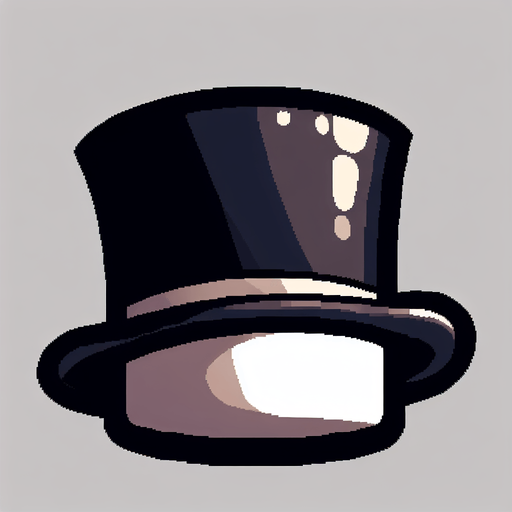 A top hat. Side profile. Cartoon.
Single Game Texture.  In-Game asset.  2d.  Blank background.  High contrast.  No shadows
