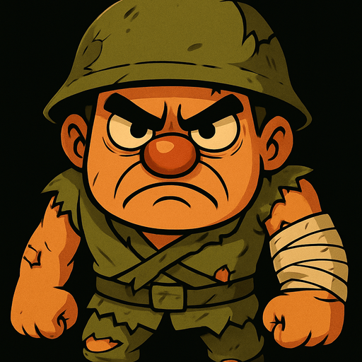 elbisesi ve şapkası yırtılmış kolu sargıda