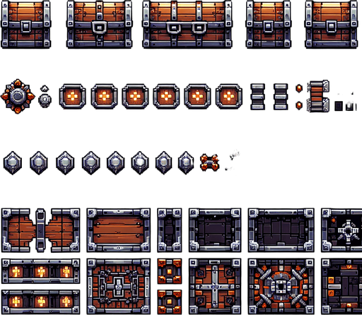 Create a sprite sheet featuring various components of a open chest, incorporating dungeon design elements. The design should include top-down views of dungeon chest. Each part should be distinct, with a cohesive color scheme of wood upholstery, dark orange and silver, accented by glowing lights for a fantasy look. The style should be detailed pixel art, reminiscent of classic 32-bit era video games, with glowing lights serving as style guides. Arrange the components on a dark background, with each part neatly aligned in rows and columns for easy identification and use in game development..
Single Game Texture. In-Game asset. 2d. Blank background. High contrast. No shadows.