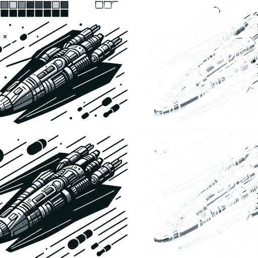 A space ship.
Single Game Texture.  In-Game asset.  2d.  Blank background.  High contrast.  No shadows standing
