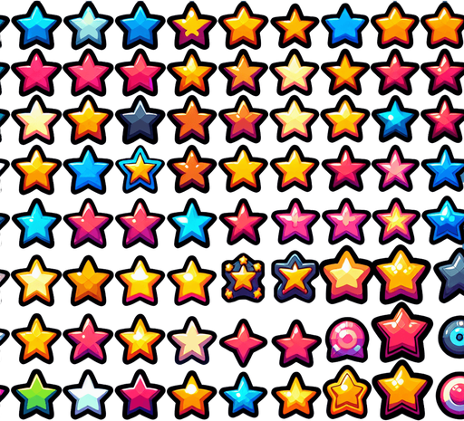 A sprite sheet of different cartoon stars..
Single Game Texture. In-Game asset. 2d. Blank background. High contrast. No shadows.