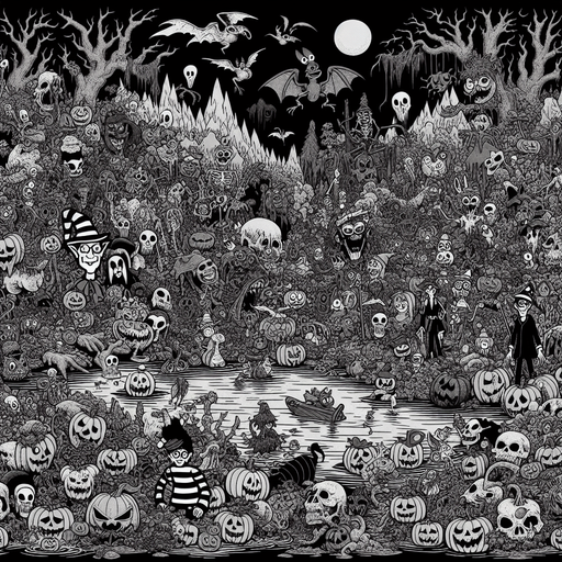 Generate a high quality cartoon background Halloween image on a black canvas similar to the format of where is waldo with a hellish lake environment.
Single Game Texture. In-Game asset. 2d. Blank background. High contrast. No shadows.
