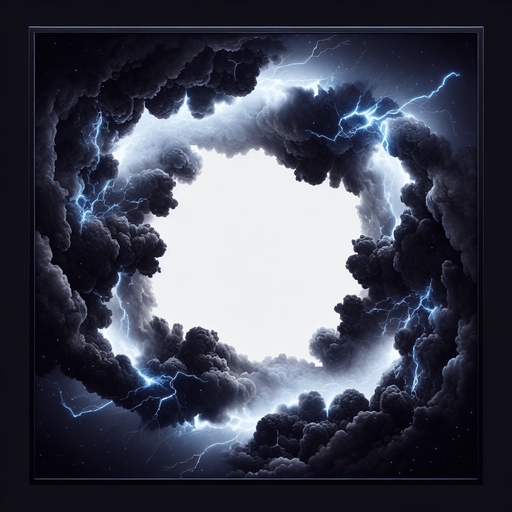 frame made of dark clouds, some blue sparks, it fill the complete screen, in the center is white only, on white background