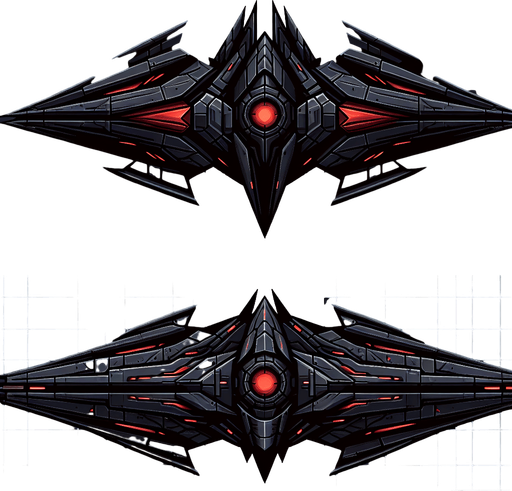 A 2D top-down view of an alien spaceship with a dark metallic body, glowing red energy cores, and sharp angular wings. The design is sleek and futuristic, suitable for a space shooter game..
Single Game Texture.  2d.  Blank background.  High contrast.  No shadows