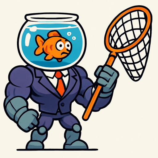 "A funny 2D game character concept art. A glass fishbowl filled with water serving as the head. Inside the bowl, a small confused orange goldfish is swimming. The body is an extremely muscular mechanical robot body wearing a tight formal business suit. The character is holding a giant fish landing net as a weapon. Cartoon style, absurd, vibrant colors, clean vector lines.".
In-Game asset.  2d.  High contrast.  No shadows