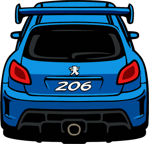 Mavi ve asiri Spor olarak ozellestirilmis bir peugeot 206 arkasi ama yukaridan.
In-Game asset.  2d.  High contrast.  No shadows