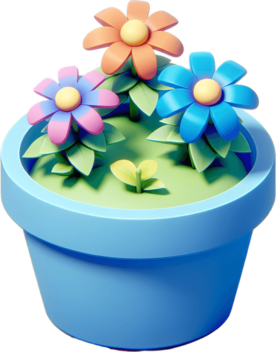 3 nice colored flowers in a single light blue pot..
In-Game asset. 2d. Blank background. High contrast. No shadows. No perspective.