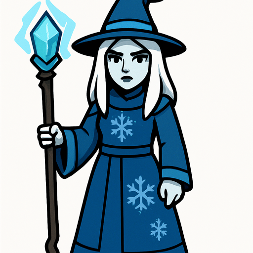 A female mage with pale skin, long white hair, wearing a long blue robe and a pointed blue hat, holding a glowing icy staff with a blue crystal, snowflake patterns on robe, cold expression, simple background, front-facing, no background, 2D game character.
In-Game asset.  2d.  High contrast.  No shadows