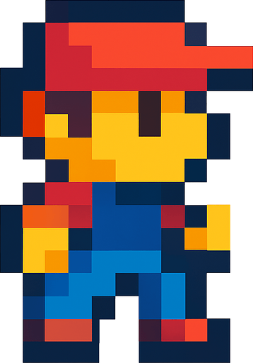 A cool platformer like 16 by 16 pixelated character no background shadows and highlights.
In-Game asset.  2d.  High contrast.  No shadows. 2d pixelated in game asset no horns