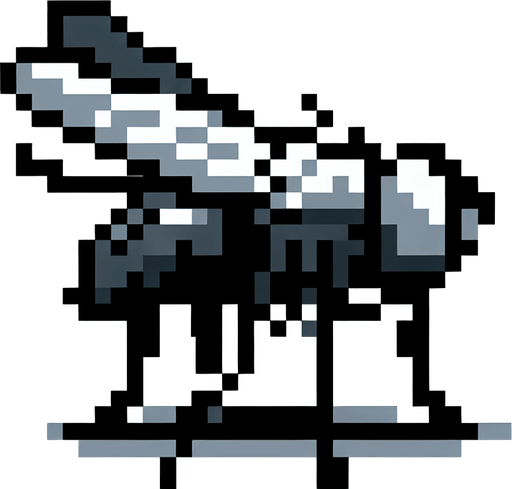 pixel fly facing left.
Single Game Texture.  In-Game asset.  2d.  Blank background.  High contrast.  No shadows