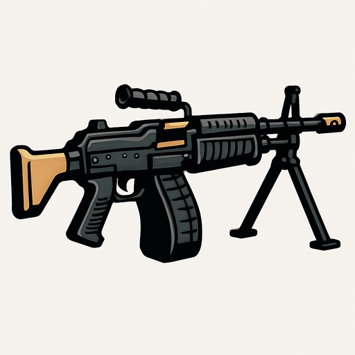 machine gun.
In-Game asset.  2d.  High contrast.  No shadows