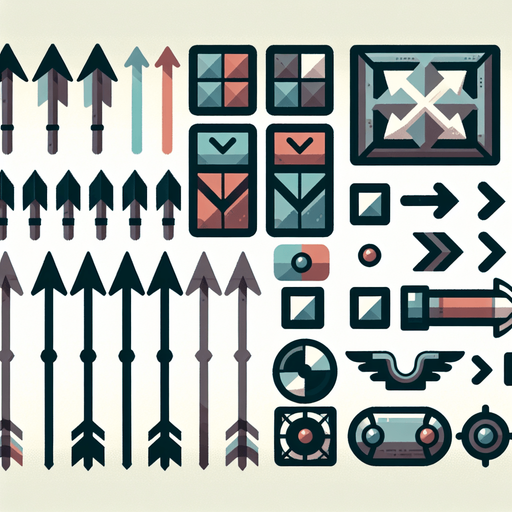 A spritesheet containing various interface elements for a viking themed game, including arrows in various colors pointing up. all in muted colors..
Single Game Texture. In-Game asset. 2d. Blank background. High contrast. No shadows.