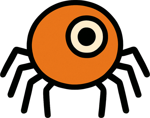 A small orange circle with spider legs 1 cute eye and no mouth.
In-Game asset.  2d.  High contrast.  No shadows. Very very simple