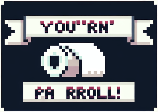 text saying "You’re on a roll!" against a toilet paper banner. pixelated. 8-bit.
Single Game Texture. In-Game asset. 2d. Blank background. High contrast. No shadows.