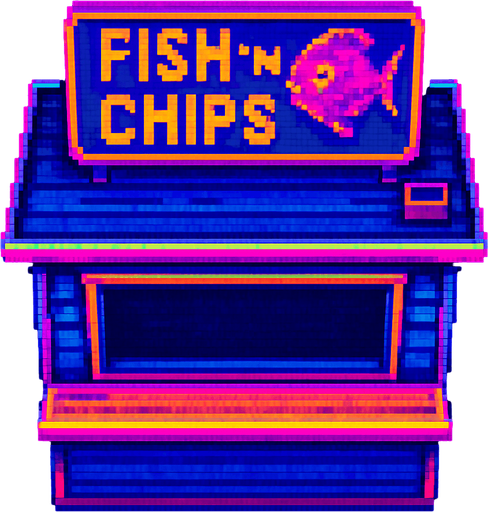 A fish and chips shack with a big counter in the front and a large open window behind. Large sign on roof says "Fish 'n Chips" with a cartoon fish. Seen from top down view with the front of the shack facing down.