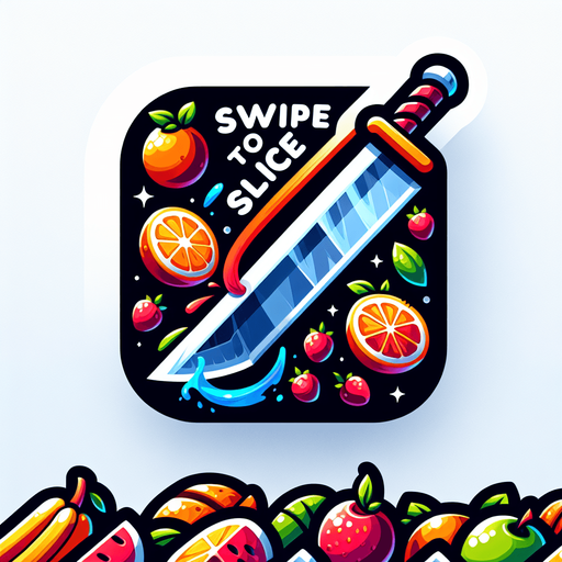 game icon for a video game called fruit slash, show an fruits cutting with sword symbols in the fore ground show the name of the game  "Swipe to Slice "big in the center with the fruits underneath.
Single Game Texture.  In-Game asset.  2d.  Blank background.  High contrast.  No shadows