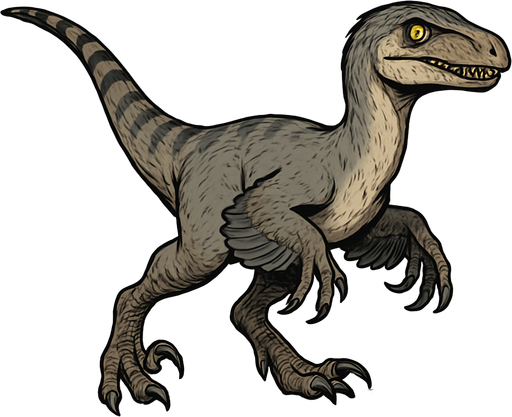 A small and agile Velociraptor dinosaur covered in smooth, sleek feathers in muted tones of gray and tan, with darker stripes along its back. The arms have wing-like feathers, and the long tail is fully feathered for balance. Its narrow head features a slightly curved snout, sharp teeth, and intelligent, bright eyes. The feet have curved sickle-shaped claws, emphasizing its speed and deadly precision. Real style.
In-Game asset.  2d.  High contrast.  No shadows
