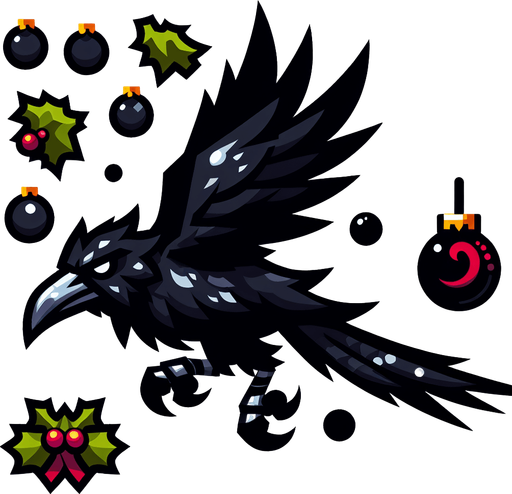 evil flying cartoon raven, sideview, christmas style Single Game Texture. In-Game asset. 2d. Blank background. High contrast. No shadows.