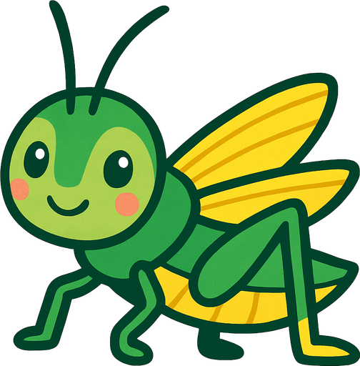 yeşil ve sarı renkli sevimli çekirge.
In-Game asset.  2d.  High contrast.  No shadows