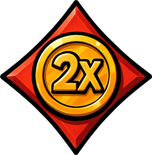 The diamond card suit with a coin in the center. The coin has a ‘2X’ in the center.  Anime style..
In-Game asset.  2d.  High contrast.  No shadows