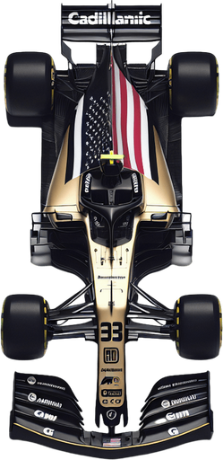 Photorealistic Cadillac F1 race car, top view.
Replace Cadillac text to golden coloured ,,Cadillaic" text on black rear wing.
Big American flag on white body. 
White ,,Andretti" and gm text on black front wing.