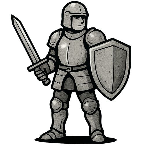 Human with Iron Armor, iron sword and iron shield.
In-Game asset.  2d.  High contrast.  No shadows