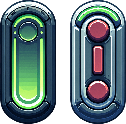 A sprite sheet featuring two large, flat toggle buttons for a hacking mobile game. Each toggle is cigar-shaped with rounded edges, displayed in active (green) and inactive (red) states.

The active state has a neon green fill with a circular slider positioned on the right, while the inactive state has a muted red fill with the slider on the left. The buttons are large and centered in the sprite sheet, with ample spacing and a clean, grey background. This design is minimalistic, clear, and ideal for a tech-themed game interface.
Single Game Texture. In-Game asset. 2d. Blank background. High contrast. No shadows.