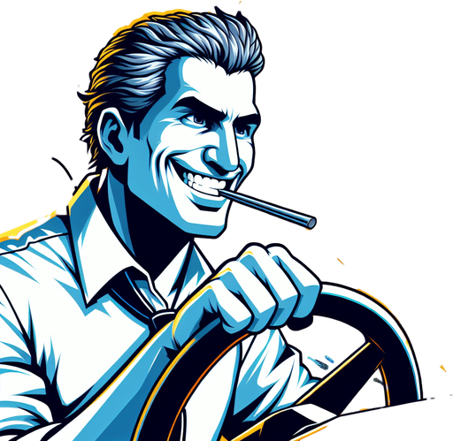 Draw a man in a colorful image with a toothpick in his mouth and behind the steering wheel..
Single Game Texture. In-Game asset. 2d. Blank background. High contrast. No shadows.