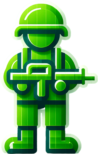 a little green soldier toy standing Single Game Texture. 2d. Transparent background. High contrast. No shadows.