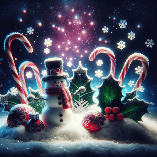 a feeric christmas landscape at night with a snow man , candy canes ,holly leafs and snow flakes, Background image