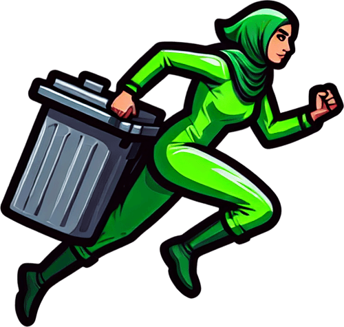 full side-view of an garbage collector superhero woman running in neon green suit.
only the woman.
single sprite, blank background.