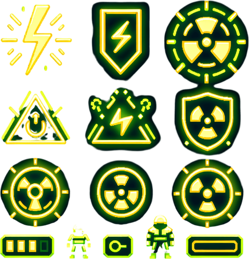 A sprite sheet that has power up icons. Icons include lightning bolt, shield, radioactive symbol and a small soldier. Cyberpunk and using neon glow. Green and yellow highlights. 
Single Game Texture. In-Game asset. 2d. Blank background. High contrast. No shadows.