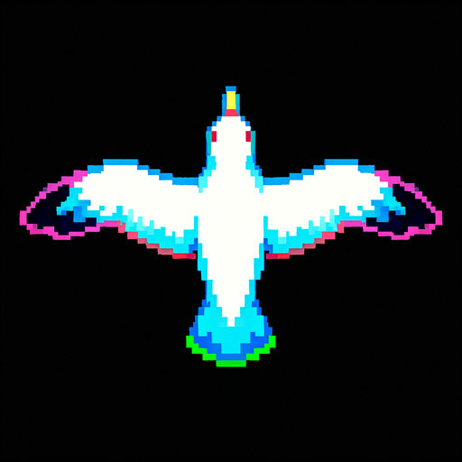 A seagull with wings spread straight out as if soaring. Top down view, looking down from above. 80s arcade machine graphics.
In-Game asset.  2d.  High contrast.  No shadows