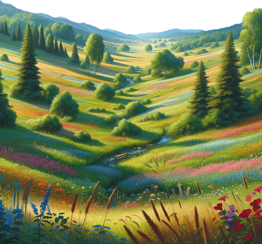 A beautiful meadow in summer, seen in perspective from a low altitude plane..
Single Game Texture. In-Game asset. 2d. Blank background. High contrast. No shadows.