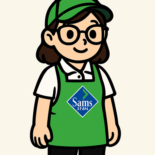 Es una trabajadora de sams club, tierna bonita de lentes con gorra verde y mandil verde, playera polo blanca y pantalon negro.
In-Game asset.  High contrast.  No shadows