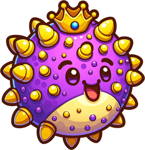 a game logo for a game called 'Bubble Blower Tycoon' about a happy purple pufferfish with yellow fins and spines that builds an underwater empire of bubbles. Cartoon.
Single Game Texture.  In-Game asset.  2d.  Blank background.  High contrast.  No shadows