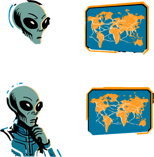 "Comic book style 4 panels of grey alien commander receiving transmission on holographic display showing Earth's internet infrastructure map,  text bubbles saying ' we have caught the humans lacking' , sci-fi comic book technology designs".
In-Game asset.  2d.  High contrast.  No shadows