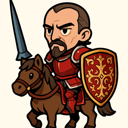 Un caballero jinete en estilo chibi/cuerpo completo. Es un hombre delgado de aproximadamente 50 años, con barba de chivo bien marcada y expresión seria pero orgullosa. Lleva una armadura roja con detalles plateados brillantes, elegante y clásica. Porta una larga lanza de justas en una mano y un gran escudo ovalado en la otra, el cual está muy decorado con símbolos y adornos llamativos. Está montado sobre un caballo robusto y elegante, en pose firme y heroica. El estilo es chibi, pero mantiene la imponencia de un caballero veterano..
In-Game asset.  2d.  High contrast.  No shadows