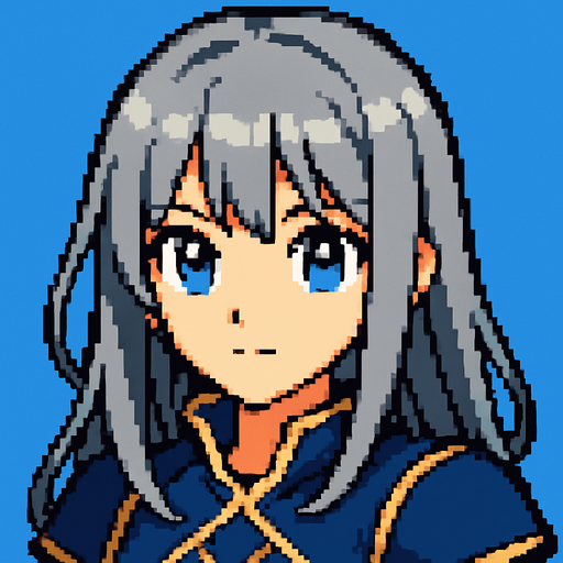 Beautiful anime-style girl with gray hair and light blue eyes. Game image. 2D. High contrast. No shadows. Pixel art..
In-Game asset.  2d.  High contrast.  No shadows
