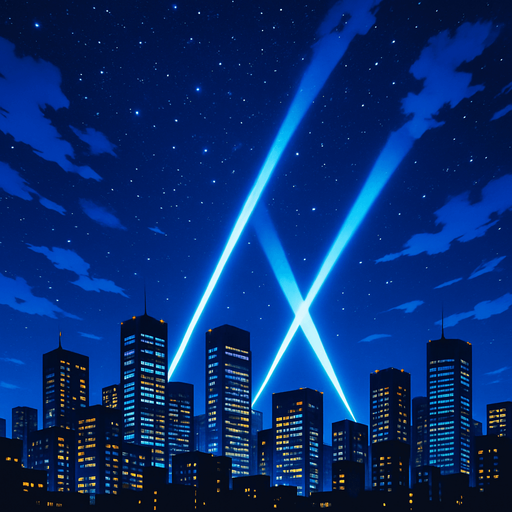 langit malam dikejauhan kota modern dengan lampu lampu sorot ke atas langit . anime 2d.  High contrast.  No shadows