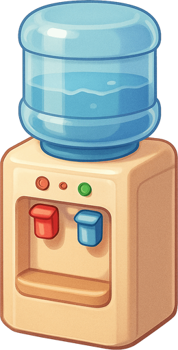 A water cooler. Cute soft graphics. soft ambient light. semi-matte to satin surfaces. naturalistic with slight saturation boost colors. 
In-Game asset.  2d.  High contrast.  No shadows. top down..
In-Game asset.  2d.  High contrast.  No shadows