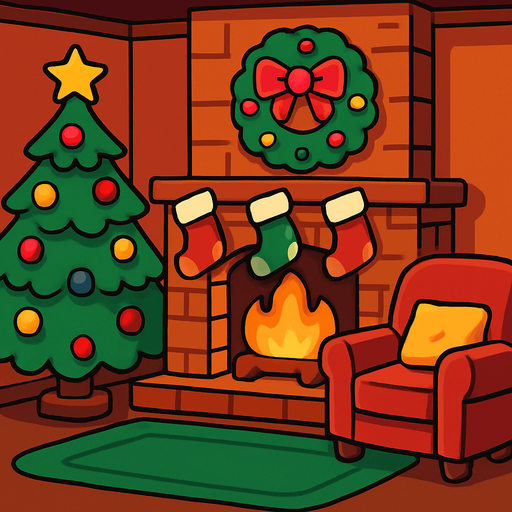 a cartoon style 3d image of a cozy christmas living room with a cozy fire in a fireplace..
In-Game asset.  2d.  High contrast.  No shadows
