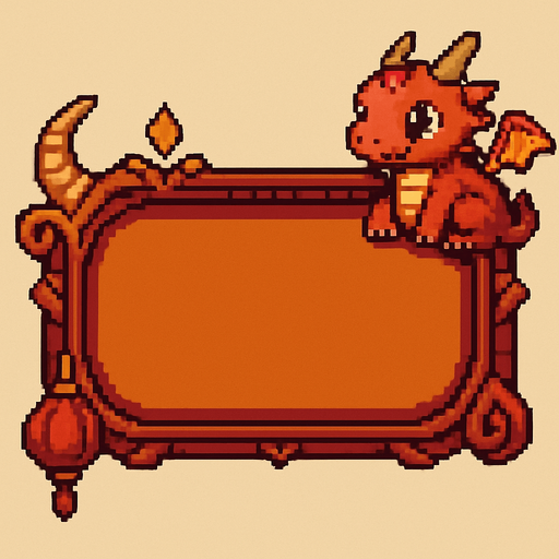 A horizontally-oriented pixel art score frame designed for a fantasy-themed 2D retro game featuring a baby dragon.
The frame is intended to be placed at the top center of the screen during gameplay.
It has a rounded rectangular shape with a rich dark red or deep gold background and mystical decorative accents.
The inside of the frame is filled with a solid warm color (not transparent) to allow number assets to be placed on top.
Small fantasy elements like tiny dragon scales, curved horns, or red lantern motifs can appear on the corners or edges to match the baby dragon theme.
The overall look is mystical, cute, and fits a traditional Eastern-inspired fantasy aesthetic..
In-Game asset.  2d.  High contrast.  No shadows. pixel art. side view. fantasy. retro game. dragon theme. eastern style. cute. rich colors. mystical